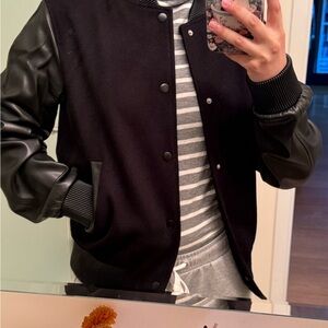 Zara Black Varsity Jacket with Leather Sleeves